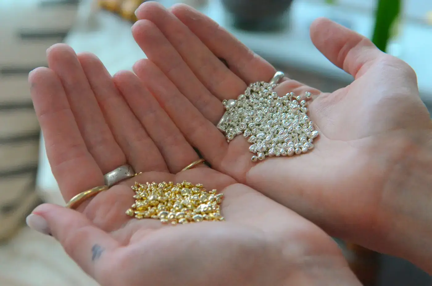 Raw gold and silver grains held in two hands